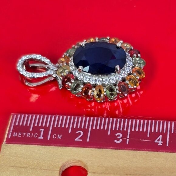 925 Sterling Silver Large Pendant with Blue Sapphire & Multicolor Sapphire Gems - Picture 7 of 12